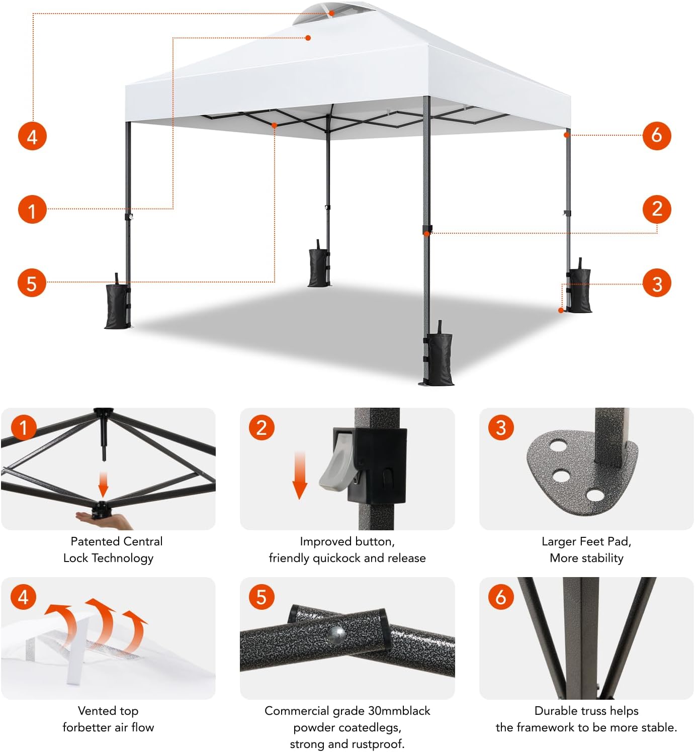 Amada 10x10ft 1-Person Setup Pop Up Canopy Tent - Easy Outdoor Sun Shade for Events, Parties, Camping, Gazebo with Wheel Cover Bag, Beach Tent with 3-Speed Adjustable Height,White - Image 2