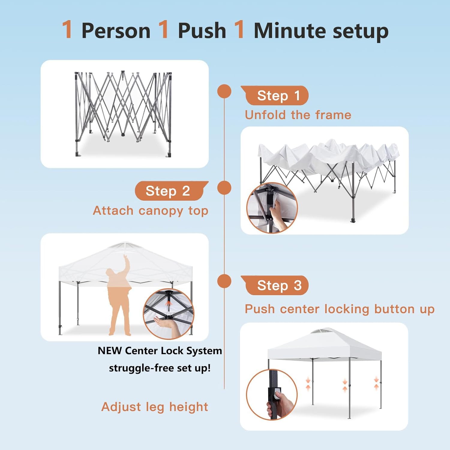 Amada 10x10ft 1-Person Setup Pop Up Canopy Tent - Easy Outdoor Sun Shade for Events, Parties, Camping, Gazebo with Wheel Cover Bag, Beach Tent with 3-Speed Adjustable Height,White - Image 5