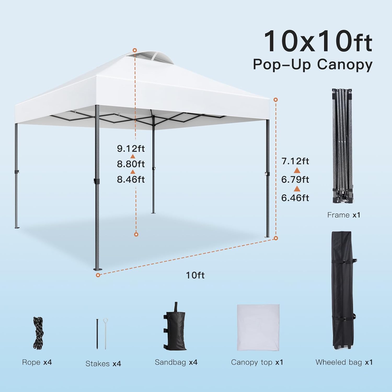 Amada 10x10ft 1-Person Setup Pop Up Canopy Tent - Easy Outdoor Sun Shade for Events, Parties, Camping, Gazebo with Wheel Cover Bag, Beach Tent with 3-Speed Adjustable Height,White - Image 6