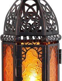 DECORKEY Moroccan Lanterns Decorative Indoor & Outdoor, 11’’ Medium Size Vintage Metal Hanging&Tabletop Candle Holder Decor, Halloween Christmas Ramadan Decorations for Home Porch Patio (Amber)