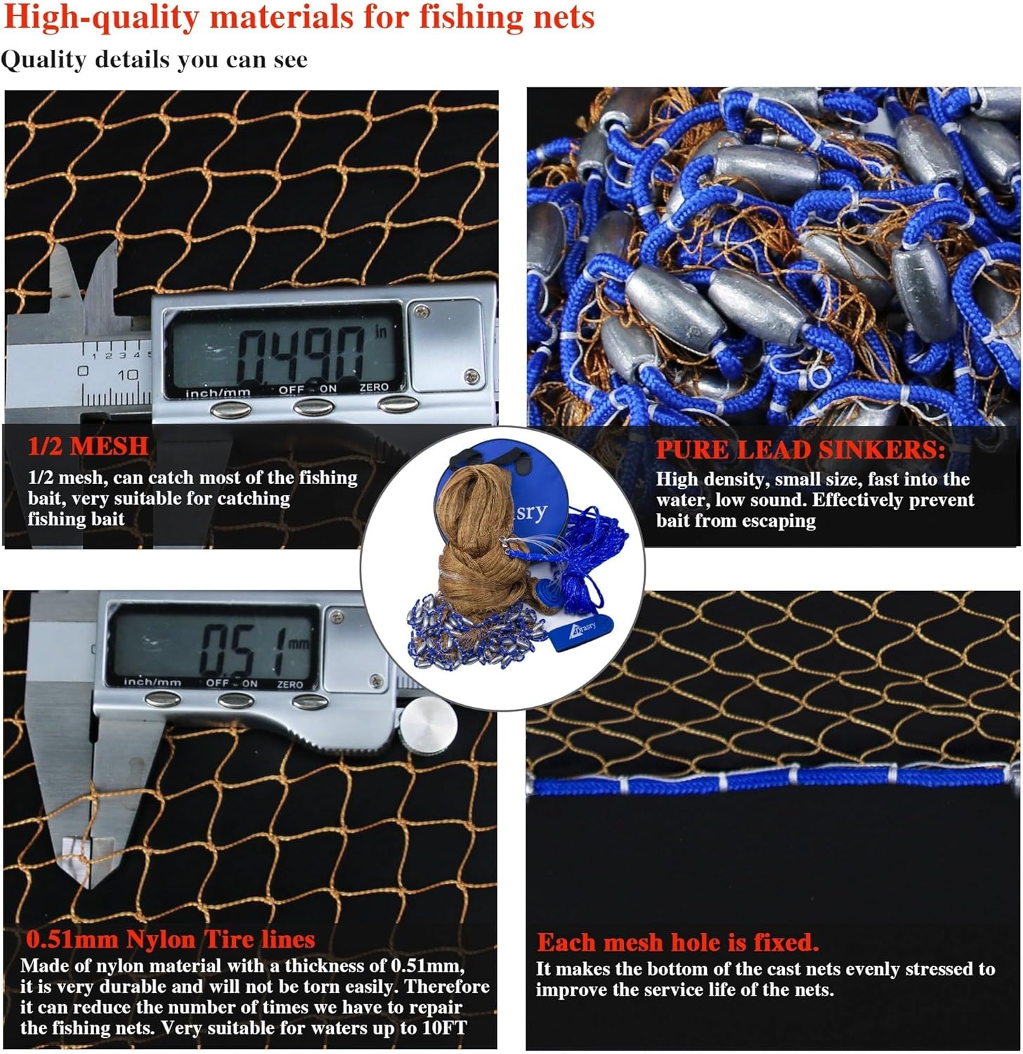 Drasry Saltwater Fishing Cast Net for Bait Trap with Heavy Sinkers Fish Throw Net. Size 3ft/4ft/5ft/6ft/7ft/8ft/9ft/10ft Radius Freshwater Nets - Image 2