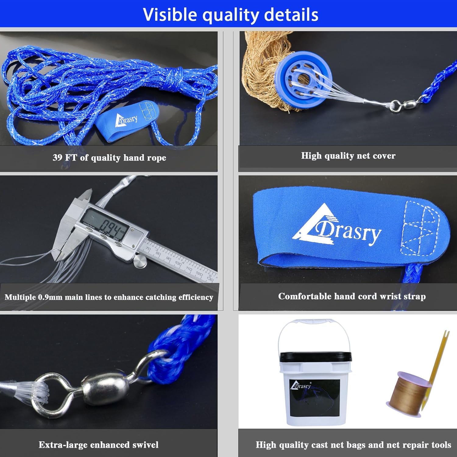 Drasry Saltwater Fishing Cast Net for Bait Trap with Heavy Sinkers Fish Throw Net. Size 3ft/4ft/5ft/6ft/7ft/8ft/9ft/10ft Radius Freshwater Nets - Image 4